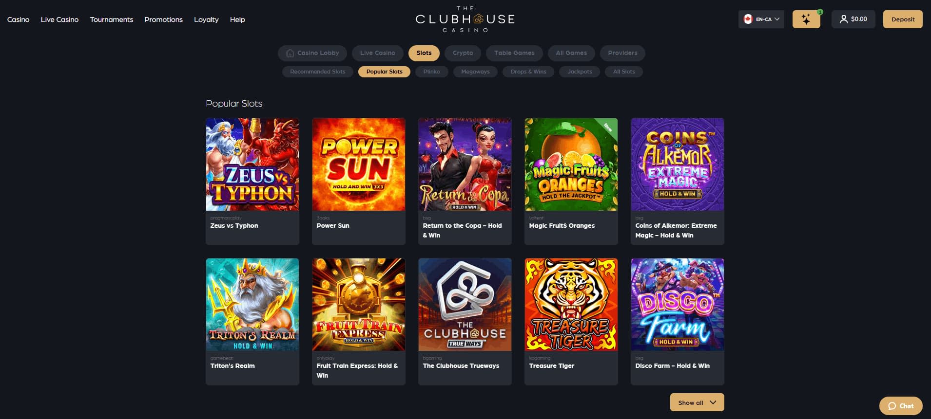 The Clubhouse Casino games lobby